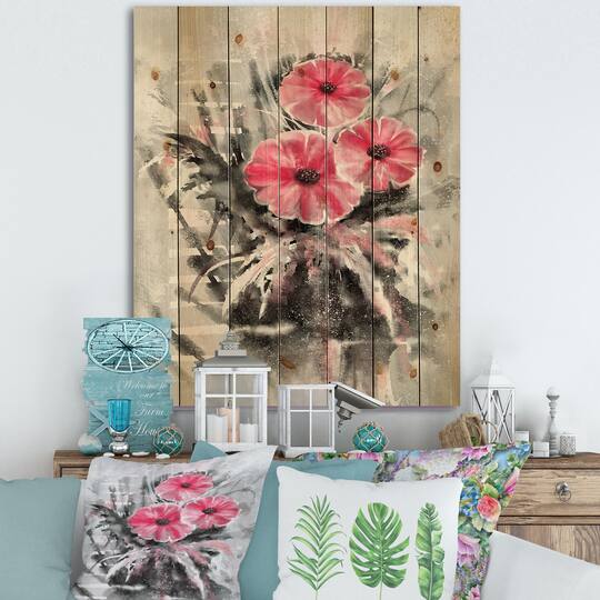 Designart - Abstract Red Flowers On Gray